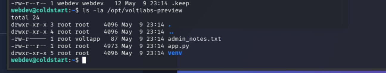 /opt listing showing admin_notes.txt owned by voltapp group and /opt/backups owned by webdev